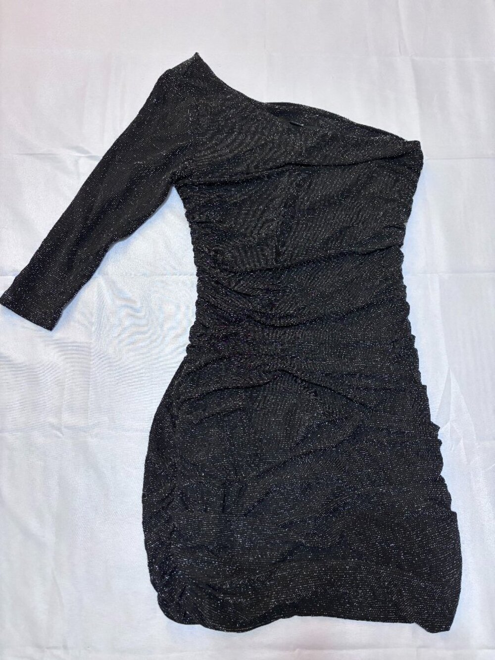 Vintage 2006 Forever 21 Y2K Black Metallic One Shoulder Ruched Bodycon Dress
